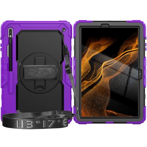 Étui rotatif Samsung Galaxy Tab S8 Plus éviter chutes grâce à la sangle réglable violette