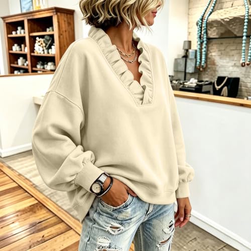 Elneeya Oversized Sweatshirts for Women Vneck Ruffle Casual Fall Sweatshirt - image 4