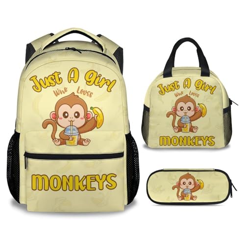 School Backpack Set for Girls - 3 in 1 Durable Elementary Middle Backpack with Lunch Bag Set - Yellow Monkey Bookbag Set with Large Capacity, Lightweight