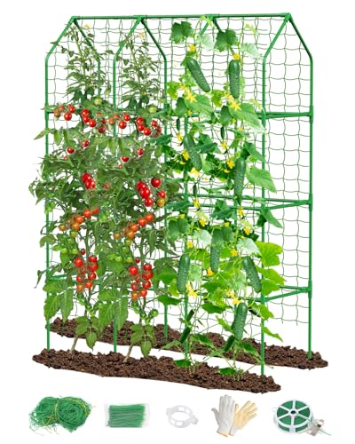 65 Cucumber Trellis for Climbing Plants Outdoor Metal Garden Trellis for Raised Bed Plant Support Structures with Netting for Cucumbers Tomatoes Beans Peas (50 * 17 * 65inch(L*W*H) Trellis)