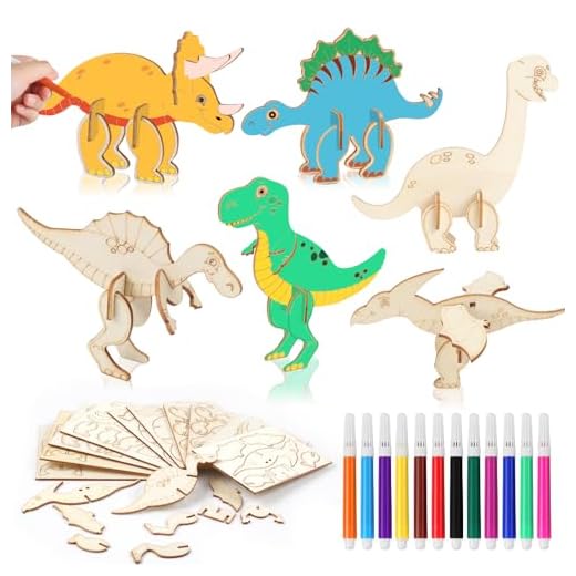 Svalor Dinosaurier Holz Bastelset, 24 Stück Drachen Geburtstag Bastelset mit Farbstifte, 3D Puzzle Dinosaurier Bastelset, Dino Holz Basteln Kinder für Mädchen/Jungen DIY Geburtstag Handwerk