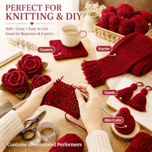 Image of MAQIHAN Acrylic Yarn for Crocheting - Soft Knitting Yarn for Crafts, 15x20g | Wine Red Skeins for Crocheting DIY Bulk for Handicraft Knitting Scarves Ideal Gift for Beginners Adults