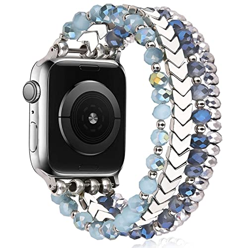 Image of MOFREE Beaded Bracelet Compatible for Apple Watch Band 38mm 40mm 41mm 42mm 44mm 45mm Women,Fashion Handmade Elastic Stretch Strap for iWatch Series SE 8 7 6 5 4 3 2 1