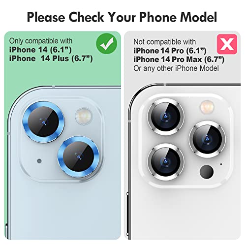 Xfilm Camera Lens Protector For Iphone 14 / Iphone 14 Plus, Strong Adsorption 9H Hardness Tempered Glass Camera Screen Protector Individual Metal Ring Cover, Case Friendly (Blue) #TOP1
