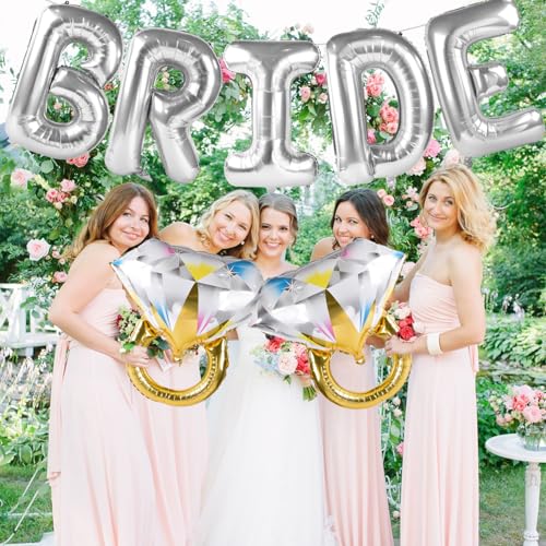 Image of Large Bride Balloons Silver with 2 Ring Balloons for Bridal Shower Bachelorette Engagement Party Decorations, Silver