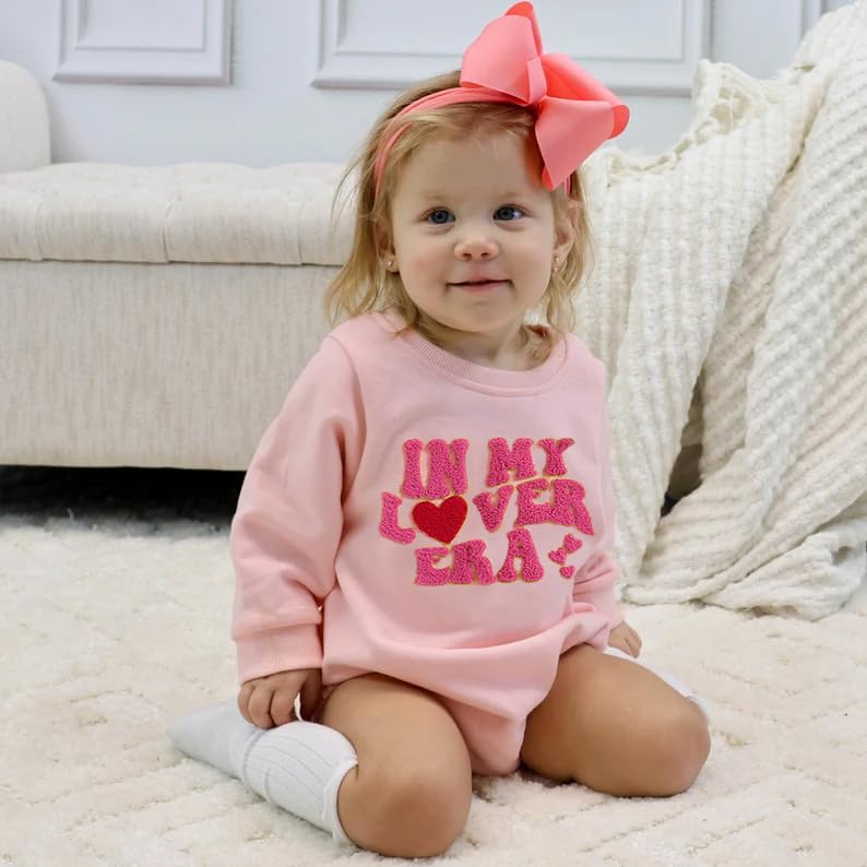 Eadrioss Infant Baby Girl Valentines Outfit Bubble Romper Letter Embroidery/Print Sweatshirt Shirt Newborn Valentines Clothes (Deep Pink, 0-3 Months)