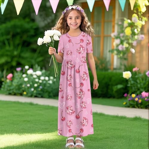Girl's Short Sleeve Dress Loose Casual Long Maxi Dresses with Pockets Cewneck Pleated Waist A-Line Dress for 5-14Y4