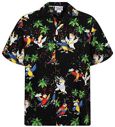 P.L.A. Original Camisa Hawaiana, Party Parrots, Negro L