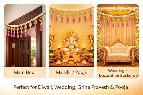 Image of Handcrafted Pearl Beaded Door Toran with Pink Tassels | 3 Feet Decorative Bandhanwar for Main Door, Mandir & Wedding Decor | Traditional Hanging for Diwali & Griha Pravesh