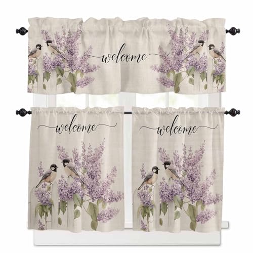 Lavender Bird Kitchen Curtains 24 Inch Length, 3 Piece Rod Pocket Small Half Tiers and Valance Set, Country Purple Garden Flowers Spring Small Large Window Treatment Decor for Bedroom/Bathroom Sink