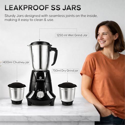 Image of Berlin Juicer Mixer Grinder 750W | High Power Mixer Grinder for Kitchen | 3 Jar | Perfect for Juicing, Mixing, Blending | Stainless Steel Blades | Black | 2 Years Warranty