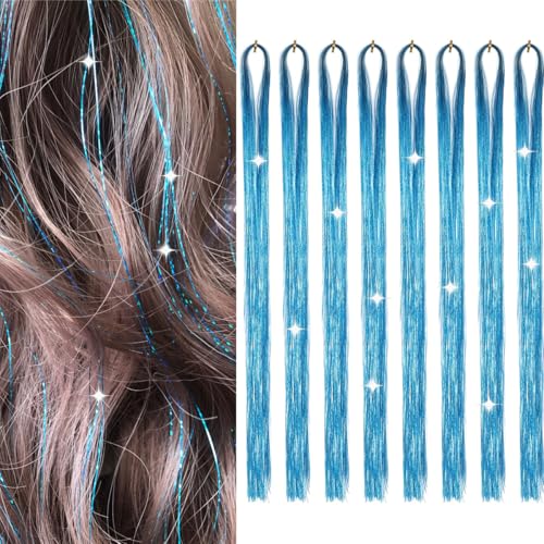 Hair Tinsel 8 Packs 1600 Strands 50 Inch Tinsel Hair Extensions Lake Blue Heat Resistant Glitter Sparkling Shinny Fairy Hair Accessories for Women(Lake Blue 50Inch)
