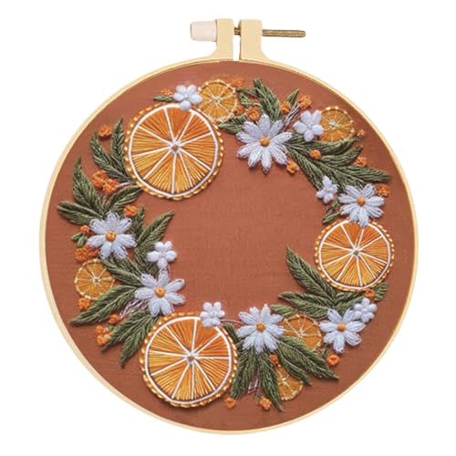 Image of Huacan Embroidery Kit for Beginners Adults Includes Stamped Orange Pattern, Hoop, Color Threads,Tools,Easy to Follow Instruction