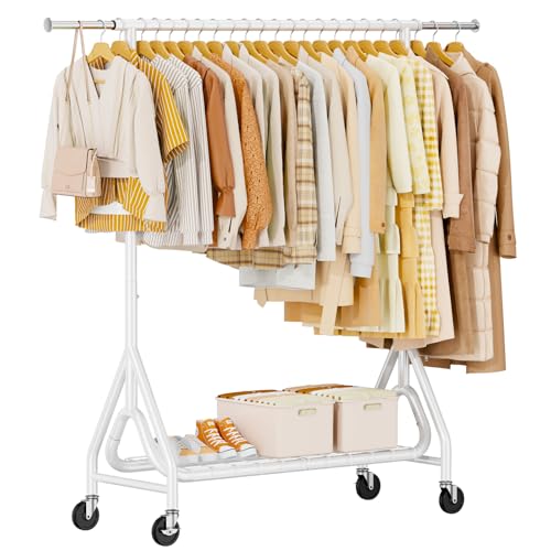 Image of Heavy Duty Clothes Rack, Metal Clothing Rack Load 450 LBS, Rolling Coat Racks for Hanging Clothes with Lockable Wheels, Wardrobe Closet Garment Racks for Bedroom, White