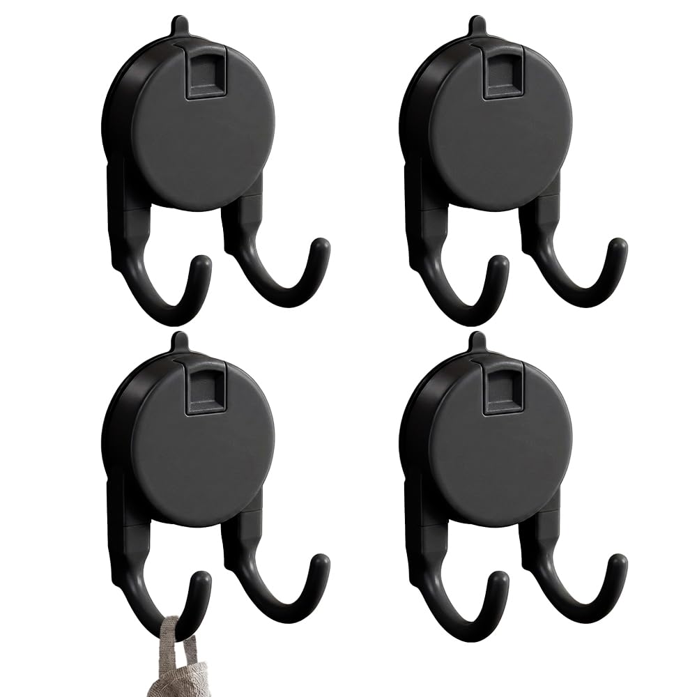 Dallys 4 Pack Heavy Duty Suction Cup Hooks, Double Wall Vacuum Shower Hooks for Bathroom Kitchen, Waterproof No Drill Reusable Towel Holder for Glass Tiles Mirrors Rented Flats, Dark Grey (4)