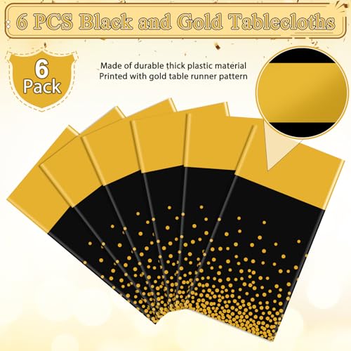 Image of 6Pcs Black and Gold Tablecloth Party Decorations,Plastic Black Table Cloth Printed Gold Table Runner Disposable Rectangle Table Cover for Birthday Retirement Anniversary Graduation Party,54 x108 Inch