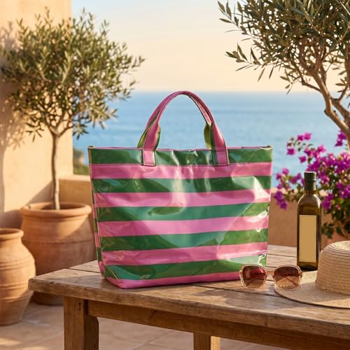 Image of Striped PVC Tote Bag for Women, Waterproof Plastic Hobo Handbag Summer Tote for Beach, Pool & Ideal Gift