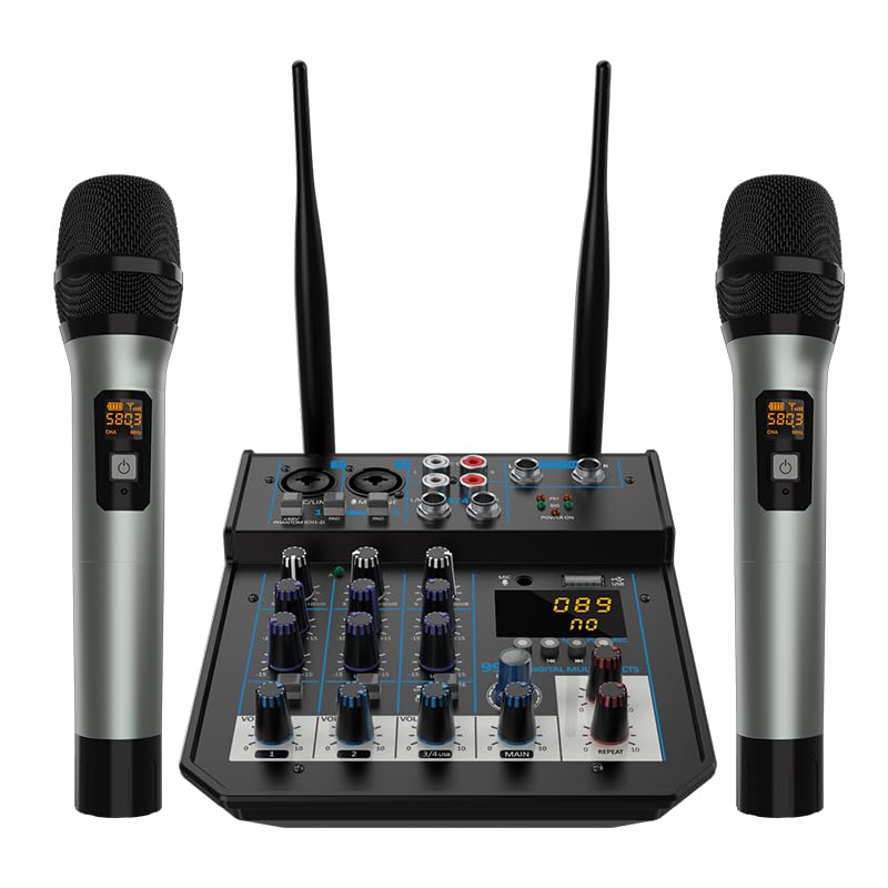 Mesa Mezclas DJ, Consola mezcladora de Audio for DJ, 2 uds., 4 canales, con mezclador Bluetooth, micrófono inalámbrico UHF