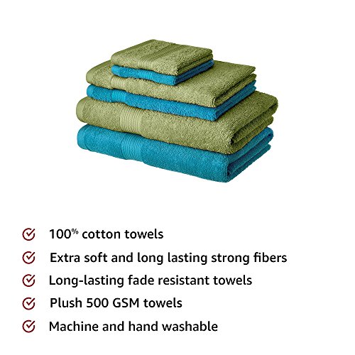 Image of Amazon Brand - Solimo 100% Cotton 6 Piece Towel Set, 500 GSM (Olive Green and Turquoise Blue)