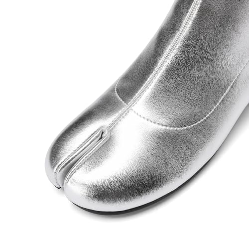 Image of Split Toe Ankle Boots for Women Tabi Japanese Ninja Shoes Low Chunky Heels Booties, Stretch Artificial Leather Boots Back Zipper