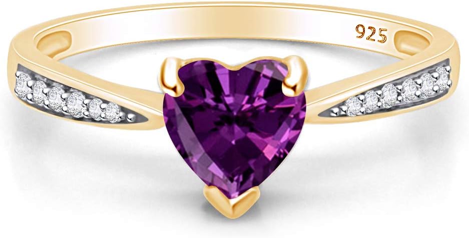 Solitaire Heart Promise Ring for Women Center 7MM Simulated Birthstone with White CZ, Stackable Gemstone Ring in 14K Gold Plated 925 Sterling Silver, Jewelry Gift for Her