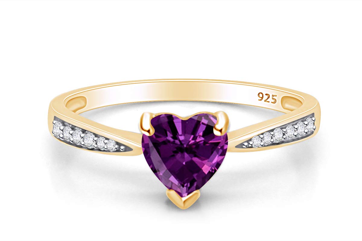 Solitaire Heart Promise Ring for Women Center 7MM Simulated Birthstone with White CZ, Stackable Gemstone Ring in 14K Gold Plated 925 Sterling Silver,