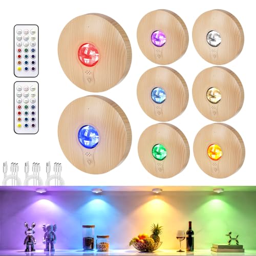 Image of Rechargeable RGB Puck Lights with Remote Control, Wireless Under Cabinet Lighting,13 Color Changing Lights with Dimmer, Timer,2000mAh Battery Operated Tap Lights for Kitchen (Natural Wood, 8PCS)