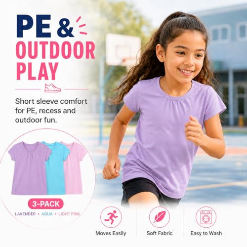 Image of Bienzoe Plain Solid Girls T-Shirts: School Basic Tee 3-Pack | Short Sleeve, Ages 4-13, PE, Recess, Outdoor Play, Soft Cotton Blend, Breathable Quick-Dry, Easy Care, Easy to Mix and Match