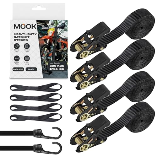 MOOK Heavy Duty Ratchet Straps 4PCs endless ratchet straps 6M x 25MM Tie Down Straps with 4 Soft Loops 2 Bungee Cords 800KG Load Capacity Secure Cargo for Car Kayak Motorcycle 10 PCs Set
