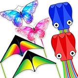 SGftre 3 Piece Set Butterfly Delta Octopus Kites for Kids and Adults，Easy to Fly for Outdoor Adults Children Line Kite for Kids Toy (Delta 2+Octopus 2+Butterfly 2, 6)