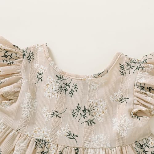 Toddler Baby Girl Boho Dress Linen Ruffle Sleeveless Casual Dress Kids Solid Floral Summer Beach Sundress(Khaki Floral, 4-5T)4