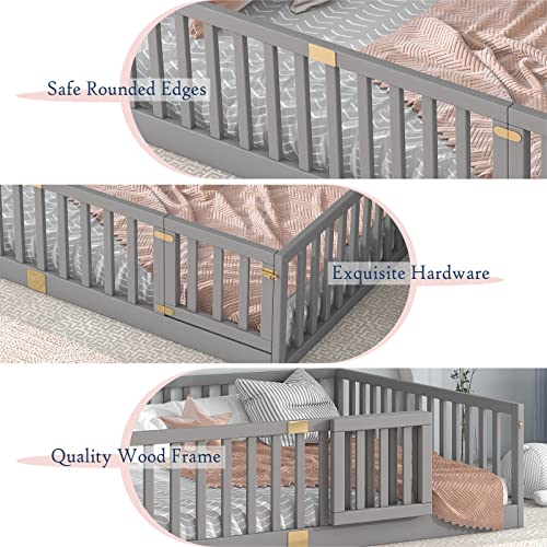 Tatub Queen Floor Bed With Safety Guardrails And Door, Montessori Floor Bed For Kids, Wood Kids Floor Beds Frame, Door Can Install Left And Right, Queen-Grey #TOP7