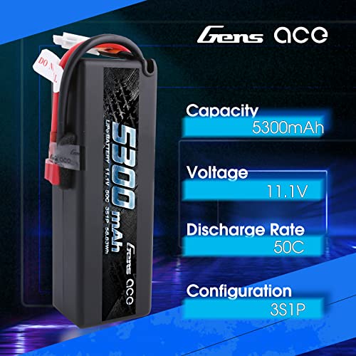 Gens Ace 11.1V 50C 5300Mah 3S Hardcase Lipo Battery15# With Deans Plug For Rc Car Boat Traxxas Vaterra Aquacraft Associated Axial Duratrax, Ecx, Exceed Hpi Helion Hot Bodies Kyosho Losi Ofna #TOP2
