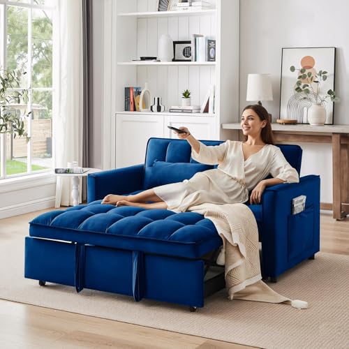 Image of Dreamzie 53 inch Sleeper Sofa, 3 in 1 Convertible Sofa Bed & Pull Out Couch, Modern Velvet Loveseat with Adjustable Backrest, Side Pocket & 2 Pillows for Apartment Living Room, Blue