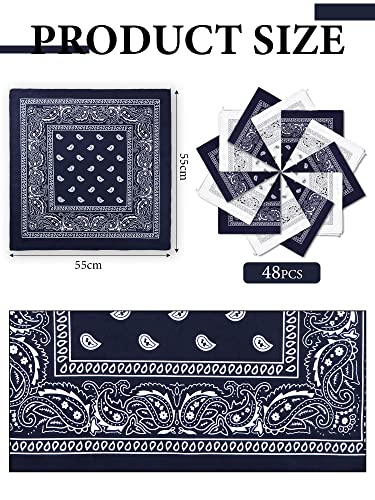 Zhanmai 48 Pcs Bandanas Multi Purpose Bandanas Handkerchiefs For Women Cowboy Men Bandana Paisley Bandana, 21 X 21 Inch (White, Navy Blue) #TOP1