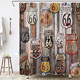 ECOTOB Vintage Route 66 Shower Curtain, Retro American Highway Poster Fabric Bathroom Curtain, 60x72 inch