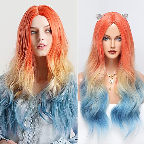 OMELPIS Personality Synthetic Long Rainbow Middle Part Wavy Wig Ombre Orange Blonde Peacock Blue Curly Wig Multi Colorful Wigs for Women Girls Daily Party Cosplay Chrismas Travel Use(26 Inches/66cm)