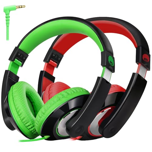 Rockpapa Comfort Kids Headphones for School, Lightweight Childrens Boys Girls Teens Over-Ear Headphones Wired 3.5mm for CD DVD Player Tablet Phone Travel Black/Green+Black/Red