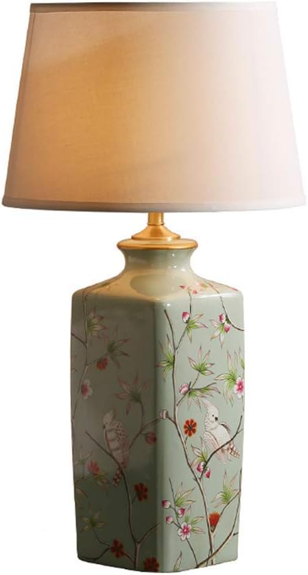 Desk Lamp Simple Linen Fabric Shade Full Copper Fittings Cyan Ceramic Flower Bird Table Lamp with Button Switch for Living Room Home Decor Study Office Bedroom Bedside Reading Lamp