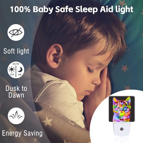 Image of Cat on Pop Art Night Light Plug into Wall, Cute Colorful Cat Dusk to Dawn Night Light, 0.5w Energy Saving Sleep Friendly Nightlights for Kids Boys Girls Home Decor