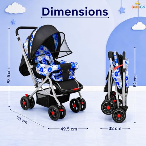 Image of BabyGo Foldable Baby Stroller for Newborn, Infant & Toddler 0-3 Years | Lightweight Travel Pushchair | Safety Harness | Adjustable Recline Backrest | 360 Swivel Wheels | Large Storage Basket | Blue