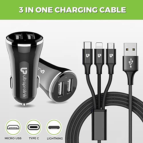 Image of UltraProlink UM0082 ZipKit Dual USB Fast Car Charger | Black | 3.4A /17W + 3 in 1 Charging Cable | Dual USB Port | Compact and Slim | Universally Compatible for iOS, Type C & Micro USB Connectors
