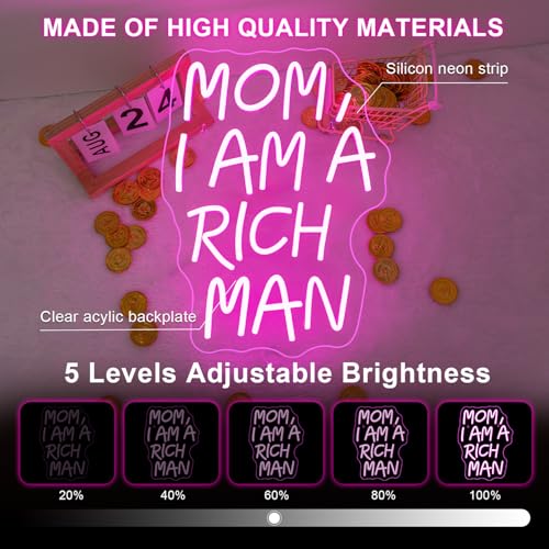 Image of Lucunstar Mom I Am A Rich Man Neon Sign Pink Neon Signs for Wall Decor Pink LED Light for Bedroom Decor USB Connectivity Led Neon Signs for Home Boys Room Man Cave Gifts for Teens
