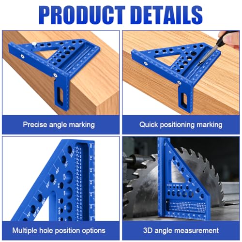 Flintronic 3D-Gehrungswinkel, 120MM, Aluminium Winkelmesser Metall 22.5-90 Winkelmaß, Multifunktional Präz.-Gradmesser Lineal mit Bleistift und Minen für Holzarbeiten Heimarbeit Handwerker, Blau