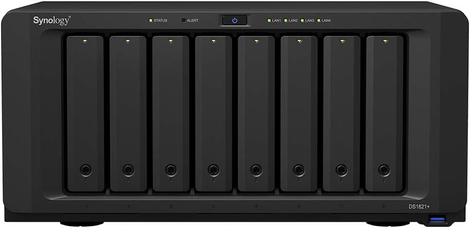 Synology DiskStation DS1821+ NAS Server with Ryzen 2.2GHz CPU, 32GB Memory, 80TB HDD Storage, 1TB M.2 NVMe SSD, 4 x 1GbE LAN Ports, DSM Operating System