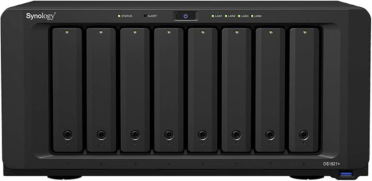 Synology DiskStation DS1821+ NAS Server with Ryzen 2.2GHz CPU, 32GB Memory, 80TB HDD Storage, 1TB M.2 NVMe SSD, 4 x 1GbE LAN Ports, DSM Operating System