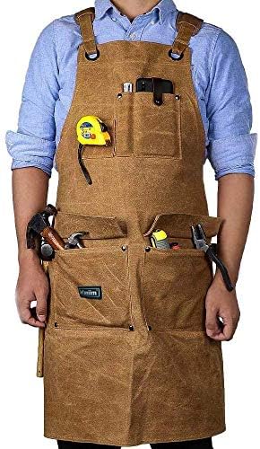 Waxed Canvas Shop Apron for Men & Women.Woodworking Aprons Heavy Duty Work Apron with Pockets. Big Bulk Tool Apron with Adjustable Cross-Back Strap.Adjustable S to XXL (Brown)
