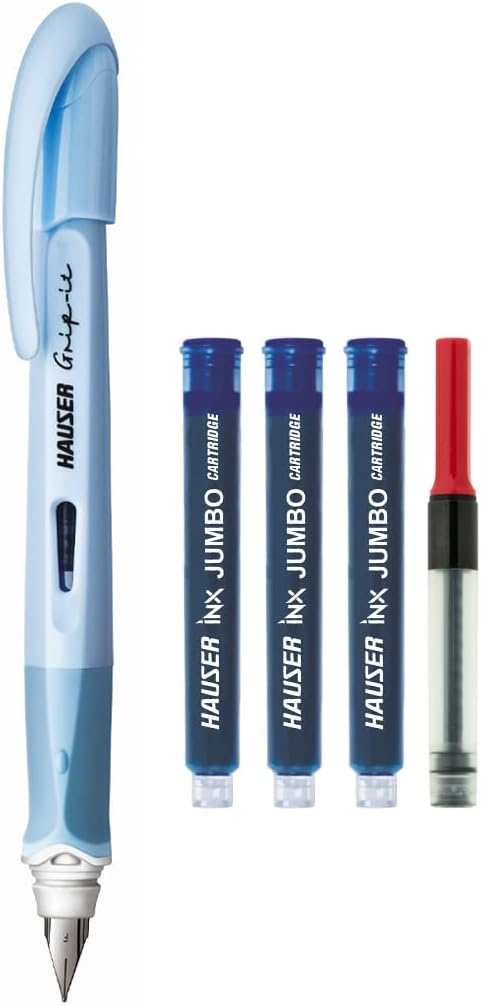 Hauser Inx Grip-it Fountain Pen | Ergonomically Designed for Firm Grip | 3 Ink Cartridges & 1 Ink Converter | Blue Ink, Pack of 2 (Body Color May Vary)