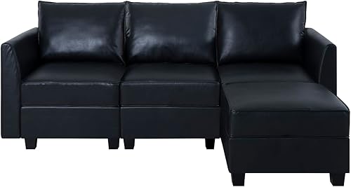 Miniatura 6 de Naomi Home Elizabeth - Sofá modular modular con almacenamiento en forma de L, sofá modular de 4 plazas para sala de estar, negro, cuero de aire