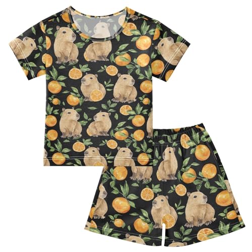 Vdsrup Cute Capybaras Orange Summer Pajamas Set Short Cotton Watercolor Sleepwear 2 Piece Unisex 5Y